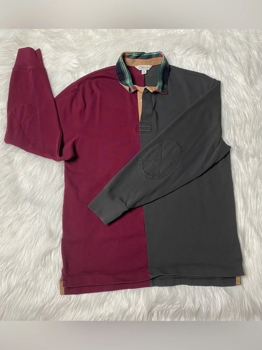 J. Crew Two-Tone Rugby Polo - Burgundy & Charcoal with Plaid Collar
